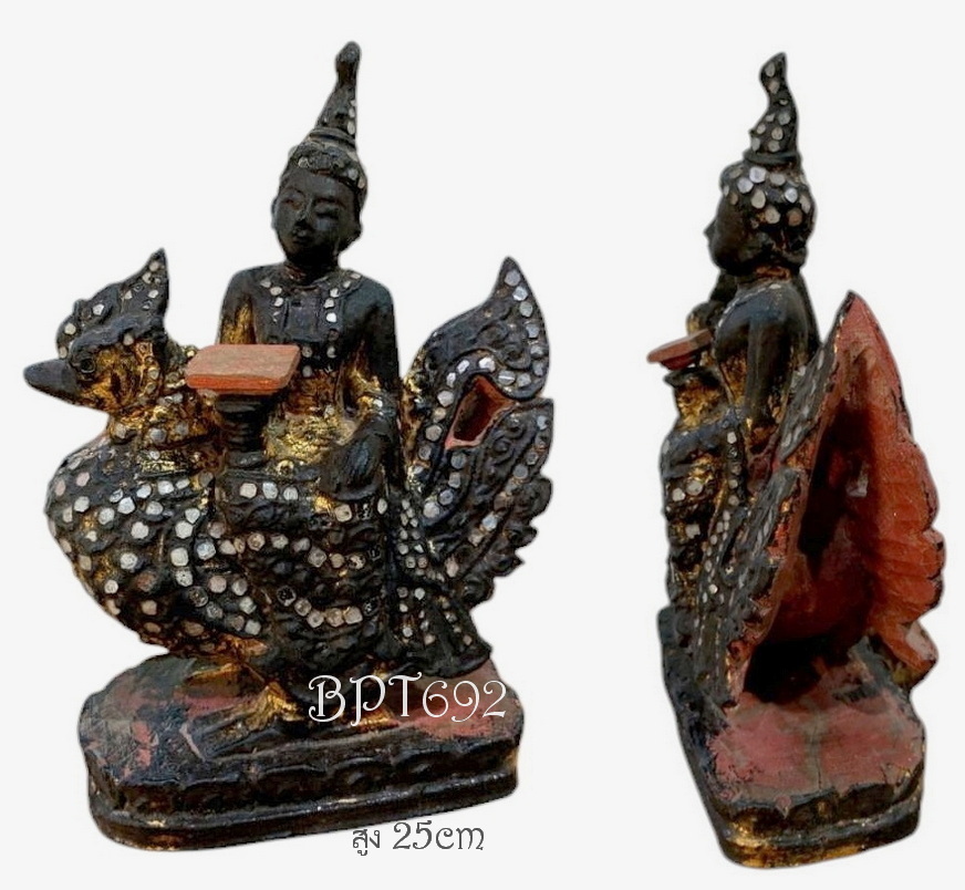 ไม้แกะสลักเก่า-พระแม่สุรัสวดีศิลปะพม่า-BPT692-