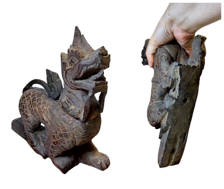 ไม้แกะสลักเก่า-สิงห์เศิลป์พม่า(ไม้แกะสลักประดับเกวียน)