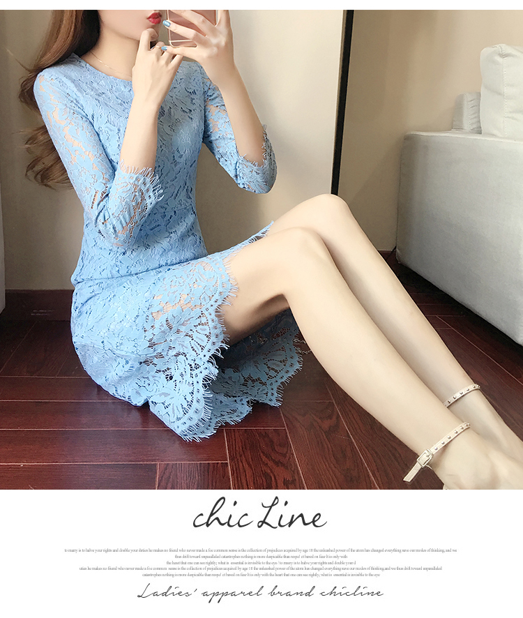 ชุดเดรสสั้นผ้าลูกไม้สีฟ้า สวยหวาน แขนสามส่วน