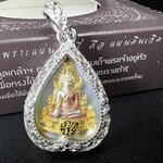 พระพุทธชินราช ภปร. โครงการ "เพราะแผ่นดินนี้ คือ แผ่นดินเกิด" ปี2548(รุ่นแรก) เหรียญทรงใบโพธิ์ ขนาด 21 x 29 มม. เนื้อเงินสามกษัตริย์ องค์พระชุบสามกษัตริย์ ล้อมด้วยกรอบเงินชุบทองคำขาวสลักเสลาเป็นลวดลายละเอียดอ่อน ส่วนพื้นองค์พระเป็นเปลือกหอยมุข