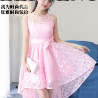 ชุดเดรสสั้นผ้าลูกไม้สีชมพูสดใส แขนกุด กระโปรงหน้าสั้นหลังยาว SIZE XL