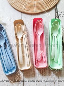 ของชำร่วยงานศพ ช้อนส้อมตะเกียบ ในกล่องผลิตจากฟางข้าวสาลี (สีเดียวกันทั้งชุด)