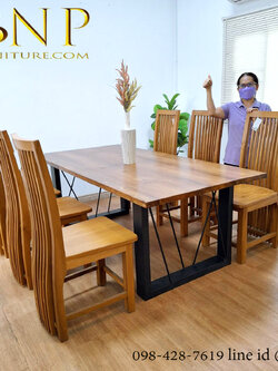 โต๊ะไม้สัก ขาเหล็ก รุ่นขากรอบรูป 99x200 สูง 74 ซม.( ราคาคา ไม่รวมเก้าอี้ )