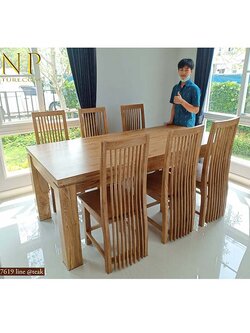 โต๊ะอาหารโมเดิร์นไม้สัก +เก้าอี้ 6 ตัว สีเสี้ยนขาว ( มายด์ )