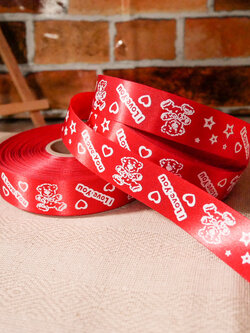 ริบบิ้นผ้าสีแดง พิมพ์ลายน้อนหมี I Love You ขนาด 2.1 cm.