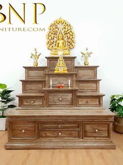 โต๊ะหมู่บูชาโมเดิร์น 9 กลางไม้สักสีเสี้ยนขาว