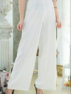 กางเกงขาบานเอวสูง ผ้าฮานาโกะ สีขาว ซิปซ้าย ไม่มีกระเป๋า Size 2X 3X