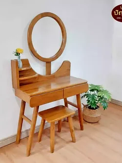 โต๊ะเครื่องเเป้งไม้สักแท้ รุ่น กระจกกลม