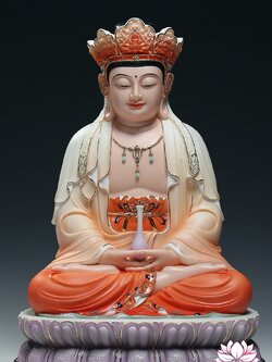 พีลูกวนอิม พระโพธิสัตว์กวนอิมปางสำเร็จธรรม สีส้มออมเบรขลิบทอง ขนาด 12/16/18 นิ้ว