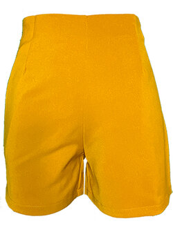 กางเกงขาสั้นเอวสูงขอบเรียบผ้าฮานาโกะ ซิปซ้าย กระเป๋าขวา สีเหลืองมัสตาร์ด Size S M L XL