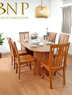 ชุดโต๊ะทานข้าววงรีขาลอน 2 เมตร +เก้าอี้หลังเอน 6 ตัว ไม้สัก