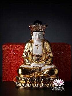 พีลูกวนอิม พระโพธิสัตว์กวนอิมปางสำเร็จธรรม ฝีมือช่างระดับอาจารย์ สีขาวปิดทอง ขนาด 18 นิ้ว