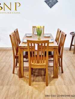 โต๊ะทานข้าวไม้สัก+เก้าอี้ 5 ซี่หลังเอน 6 ตัว