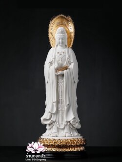 พระโพธิสัตว์กวนอิม 3 พระพักตร์ พระแม่กวนอิม 3 ปาง สีขาวปิดทอง ขนาด 15 นิ้ว
