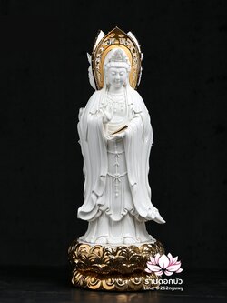 พระโพธิสัตว์กวนอิม 3 พระพักตร์ พระแม่กวนอิม 3 ปาง สีขาวปิดทอง ขนาด 12/22 นิ้ว