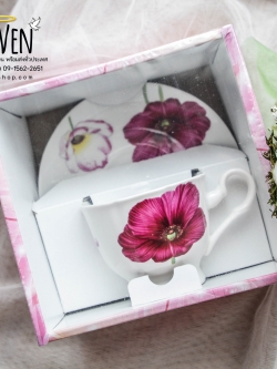 ชุดแก้วกาแฟ จานรองเซรามิค พร้อมช้อน แพคในกล่องโชว์ของด้านใน