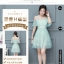 ชุดเดรสผ้าโปร่งปักดอกไม้สีเขียวอ่อนเปิดไหล่ แขนสั้น