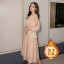 ชุดเดรสขนฟรุ้งฟริ้งสีชมพู ซับในกำมะหยี่ คอกลม แขนยาวปลายจั๊ม กระโปรงทรงเอ สวยดูดี