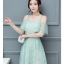 ชุดเดรสผ้าโปร่งปักดอกไม้สีเขียวอ่อนเปิดไหล่ แขนสั้น
