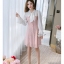 ชุดเดรสสั้นผ้าลูกไม้สีชมพูต่อผ้าโพลีเอสเตอร์สีขาวตัวเสื้อ คอผูกโบว์ แขนยาว ชุดทรงปล่อย สวยน่ารัก