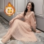 ชุดเดรสขนฟรุ้งฟริ้งสีชมพู ซับในกำมะหยี่ คอกลม แขนยาวปลายจั๊ม กระโปรงทรงเอ สวยดูดี