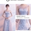 ชุดเดรสยาวผ้าโปร่งปักเลื่อมลายใบไม้สีเทา คอกลม แขนกุด กึ่งทรงปล่อย สวยหรู