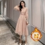 ชุดเดรสขนฟรุ้งฟริ้งสีชมพู ซับในกำมะหยี่ คอกลม แขนยาวปลายจั๊ม กระโปรงทรงเอ สวยดูดี