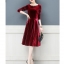 ชุดเดรสสั้นผ้ากำมะหยี่สีแดงเข้ม คอกลม แขนยาว กระโปรงทรงเอ สวยดูดี