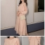 ชุดเดรสขนฟรุ้งฟริ้งสีชมพู ซับในกำมะหยี่ คอกลม แขนยาวปลายจั๊ม กระโปรงทรงเอ สวยดูดี