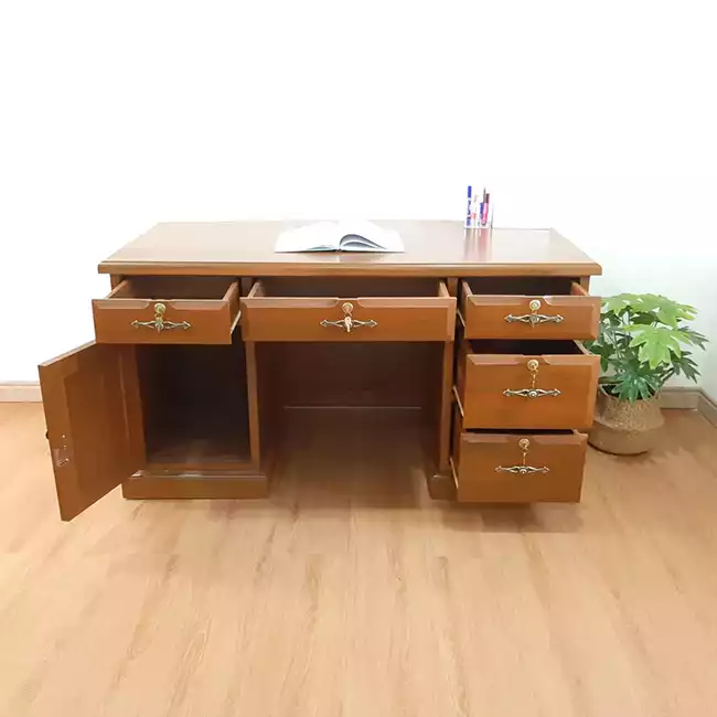 โต๊ะทำงานเสริมฮวงจุ้ยไม้สัก ร่นหน้าลูกฟัก